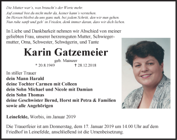 Traueranzeige von Karin Gatzemeier von Thüringer Allgemeine