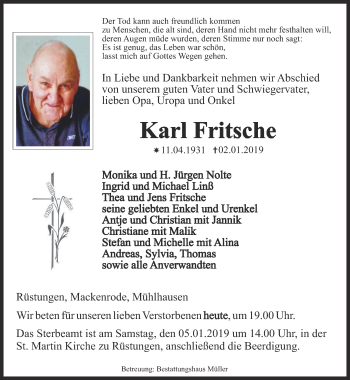 Traueranzeige von Karl Fritsche von Thüringer Allgemeine