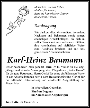 Traueranzeige von Karl-Heinz Baumann von Ostthüringer Zeitung