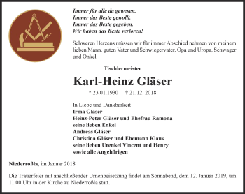 Traueranzeige von Karl-Heinz Gläser von Thüringer Allgemeine, Thüringische Landeszeitung