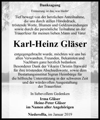 Traueranzeige von Karl-Heinz Gläser von Thüringer Allgemeine, Thüringische Landeszeitung