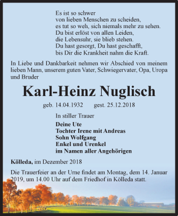 Traueranzeige von Karl-Heinz Nuglisch von Thüringer Allgemeine