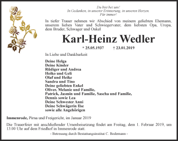 Traueranzeige von Karl-Heinz Wedler von Thüringer Allgemeine