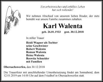 Traueranzeige von Karl Walenta von Thüringer Allgemeine