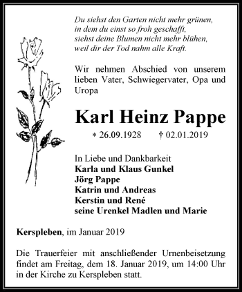 Traueranzeige von Karl Heinz Pappe von Thüringer Allgemeine, Thüringische Landeszeitung