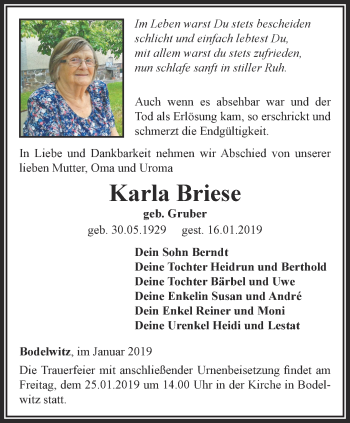 Traueranzeige von Karla Briese