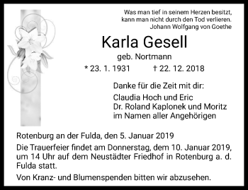 Traueranzeige von Karla Gesell von Thüringer Allgemeine, Thüringische Landeszeitung