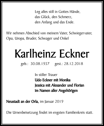 Traueranzeige von Karlheinz Eckner von Ostthüringer Zeitung