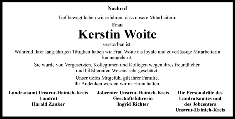  Traueranzeige für Kerstin Woite vom 22.01.2019 aus Thüringer Allgemeine, Thüringische Landeszeitung