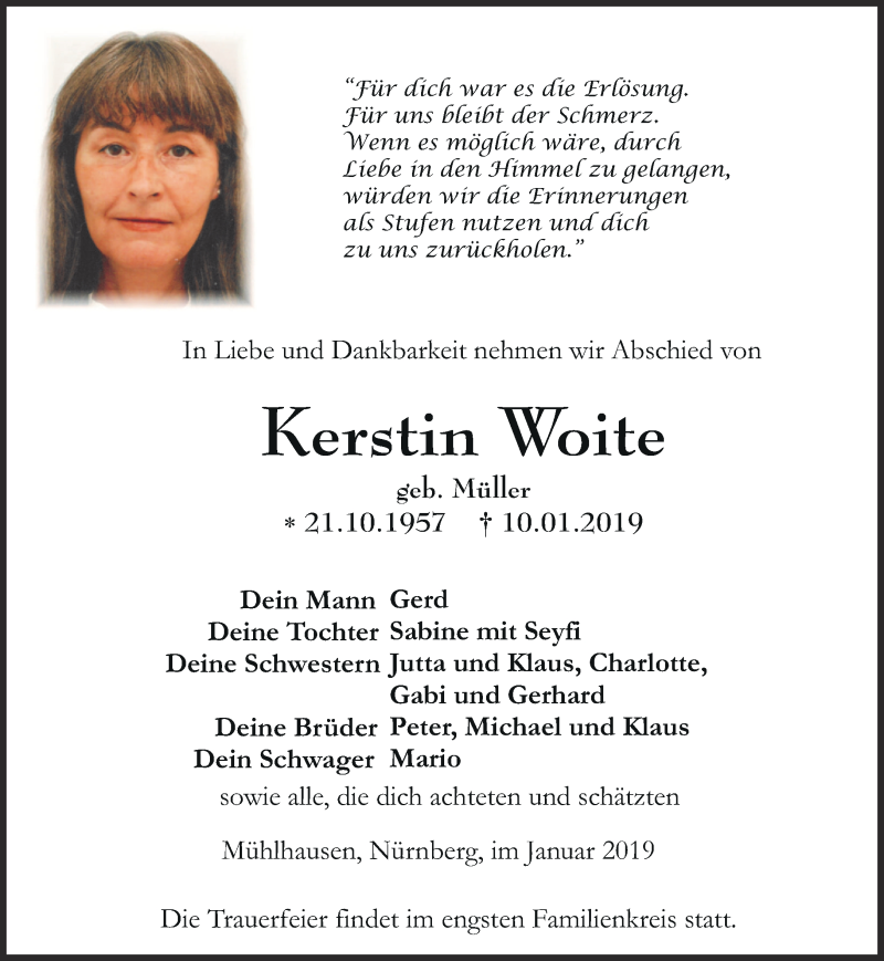  Traueranzeige für Kerstin Woite vom 19.01.2019 aus Thüringer Allgemeine, Thüringische Landeszeitung