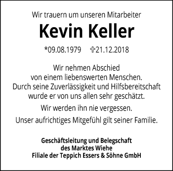 Traueranzeige von Kevin Keller von Thüringer Allgemeine