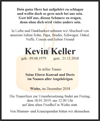 Traueranzeige von Kevin Keller von Thüringer Allgemeine