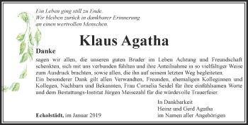 Traueranzeige von Klaus Agatha von Thüringer Allgemeine, Thüringische Landeszeitung