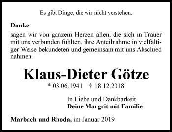 Traueranzeige von Klaus-Dieter Götze von Thüringer Allgemeine, Thüringische Landeszeitung