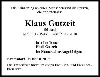 Traueranzeige von Klaus Gutzeit von Thüringer Allgemeine, Thüringische Landeszeitung