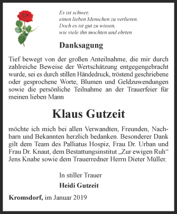 Traueranzeige von Klaus Gutzeit von Thüringer Allgemeine, Thüringische Landeszeitung