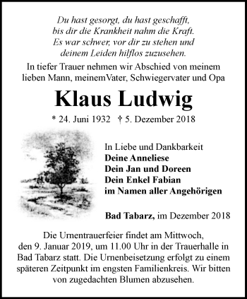 Traueranzeige von Klaus Ludwig von Ostthüringer Zeitung, Thüringische Landeszeitung