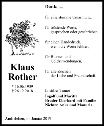 Traueranzeige von Klaus Rother von Thüringer Allgemeine, Thüringische Landeszeitung