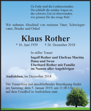 Traueranzeige von Klaus Rother von Zeitungsgruppe Thüringen Trauer