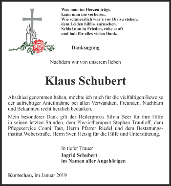 Traueranzeige von Klaus Schubert von Ostthüringer Zeitung