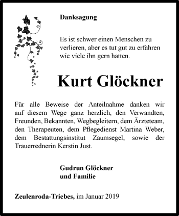 Traueranzeige von Kurt Glöckner von Ostthüringer Zeitung