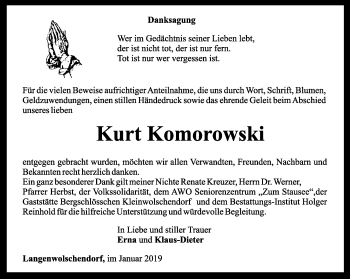 Traueranzeige von Kurt Komorowski von Ostthüringer Zeitung