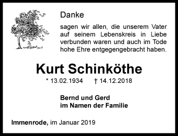 Traueranzeige von Kurt Schinköthe von Thüringer Allgemeine