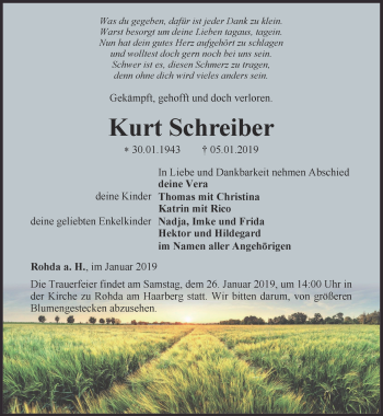 Traueranzeige von Kurt Schreiber von Thüringer Allgemeine, Thüringische Landeszeitung