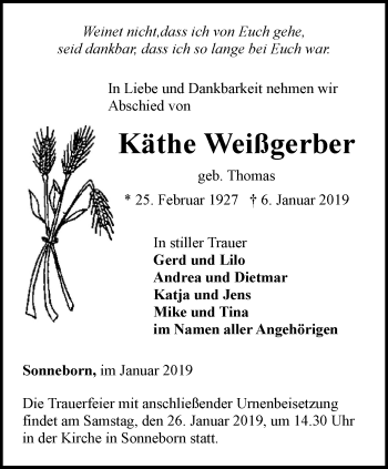 Traueranzeige von Käthe Weißgerber von Ostthüringer Zeitung, Thüringische Landeszeitung