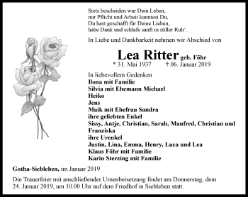 Traueranzeige von Lea Ritter von Ostthüringer Zeitung, Thüringische Landeszeitung