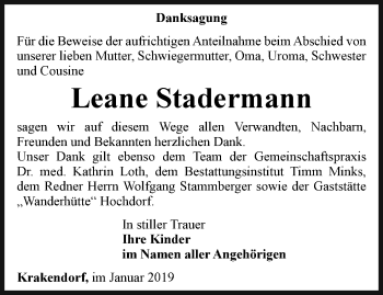 Traueranzeige von Leane Stadermann von Thüringer Allgemeine, Thüringische Landeszeitung