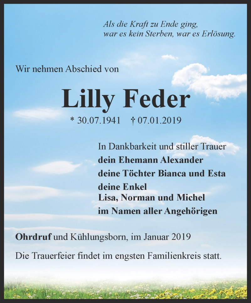  Traueranzeige für Lilly Feder vom 12.01.2019 aus Ostthüringer Zeitung, Thüringische Landeszeitung