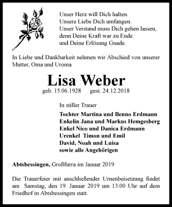 Traueranzeige von Lisa Weber von Thüringer Allgemeine