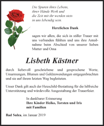 Traueranzeige von Lisbeth Kästner von Thüringer Allgemeine, Thüringische Landeszeitung