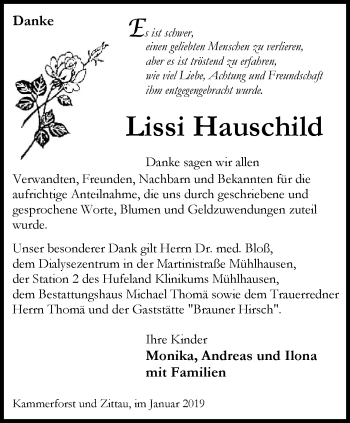 Traueranzeige von Lissi Hauschild von Thüringer Allgemeine, Thüringische Landeszeitung