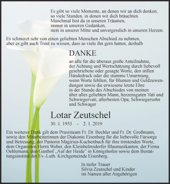 Traueranzeige von Lotar Zeutschel von Ostthüringer Zeitung