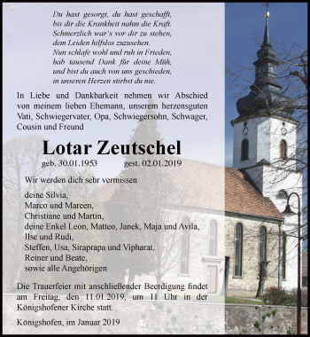 Traueranzeige von Lotar Zeutschel von Ostthüringer Zeitung