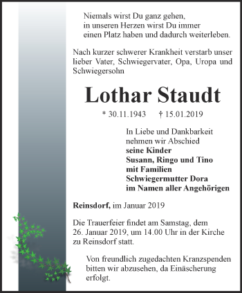 Traueranzeige von Lothar Staudt von Thüringer Allgemeine