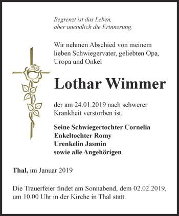 Traueranzeige von Lothar Wimmer von Thüringer Allgemeine, Thüringische Landeszeitung