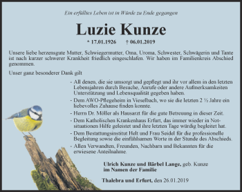 Traueranzeige von Luzie Kunze von Thüringer Allgemeine, Thüringische Landeszeitung