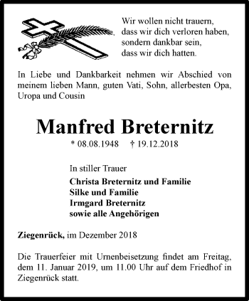 Traueranzeige von Manfred Breternitz von Ostthüringer Zeitung