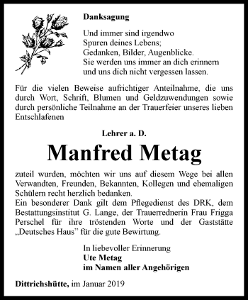 Traueranzeige von Manfred Metag von Ostthüringer Zeitung