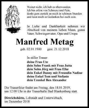 Traueranzeige von Manfred Metag von Ostthüringer Zeitung