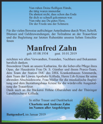 Traueranzeige von Manfred Zahn von Thüringer Allgemeine