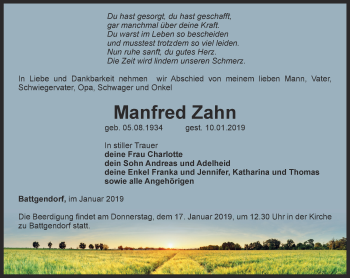 Traueranzeige von Manfred Zahn von Thüringer Allgemeine