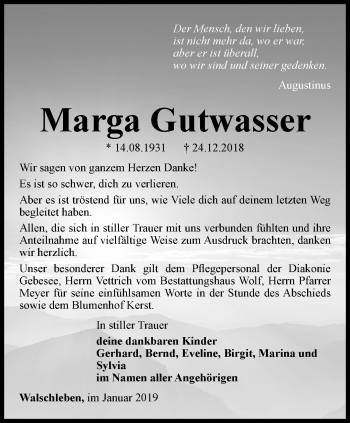 Traueranzeige von Marga Gutwasser von Thüringer Allgemeine, Thüringische Landeszeitung