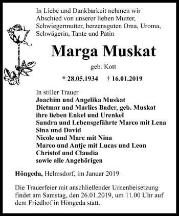 Traueranzeige von Marga Muskat von Thüringer Allgemeine, Thüringische Landeszeitung