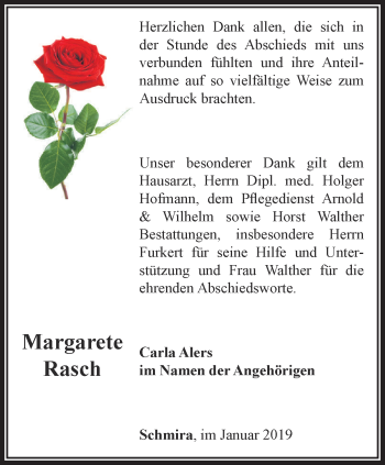 Traueranzeige von Margarete Rasch von Thüringer Allgemeine, Thüringische Landeszeitung