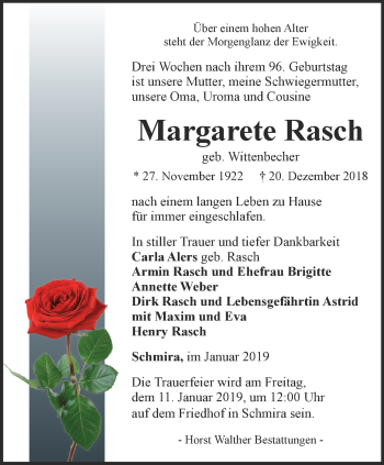 Traueranzeige von Margarete Rasch von Thüringer Allgemeine, Thüringische Landeszeitung