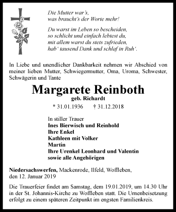 Traueranzeige von Margarete Reinboth von Thüringer Allgemeine